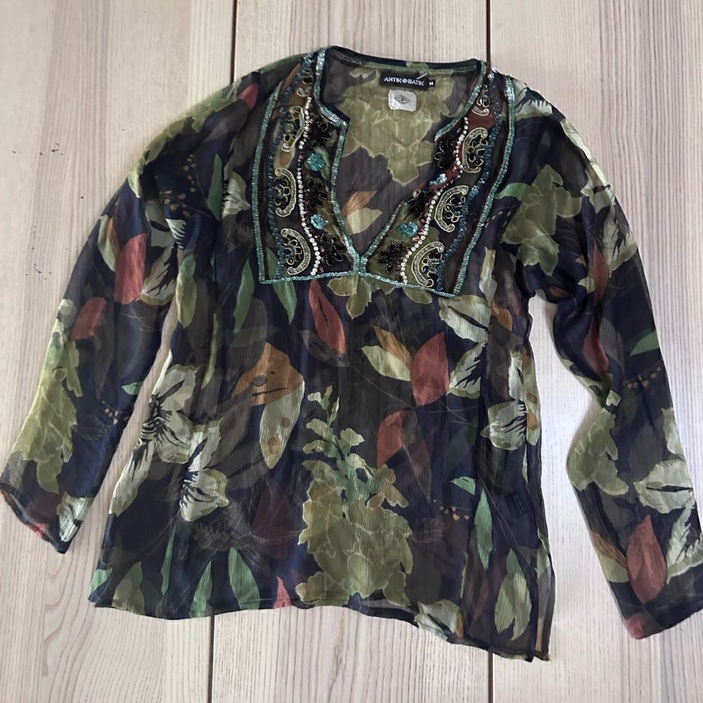 Anthropologie Antik Batik Silk beaded sheer dark printed long sleeve top- Sz M